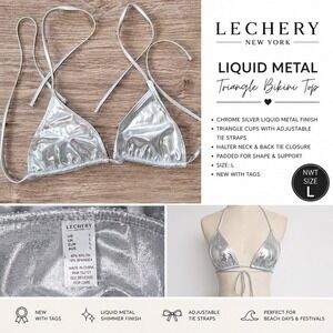 Lechery Liquid Metal Triangle Bikini Top Chrome Silver Size L NWT Swim